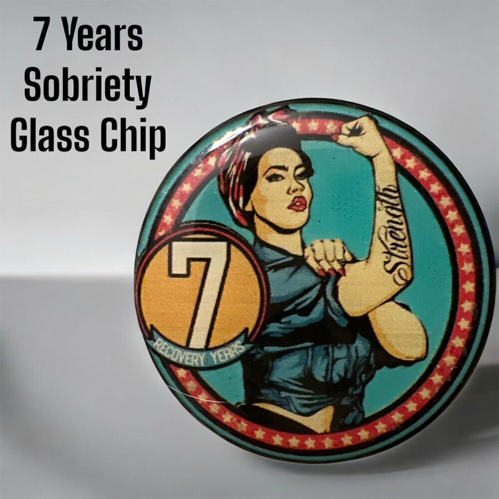 7 Years Sobriety Medallion Rosie the Riveter Themed Glass Chip